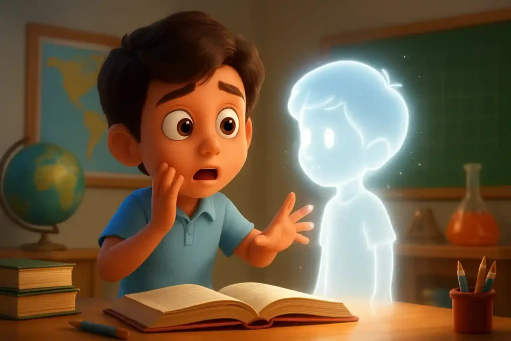 YouTube video thumbnail showing Moral Story for Kids – Chandni Banne Wale Ladke Se Hui Galti in Hindi in 3D cartoon Pixar style illustration