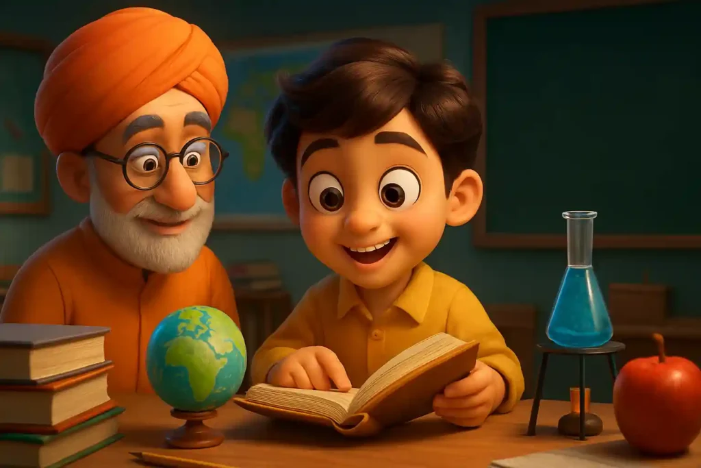 YouTube video thumbnail showing Moral Story for Kids – Raghuram Ji Ka Secret Mahal Aur Sacha Pyaar in Hindi in 3D cartoon Pixar style illustration