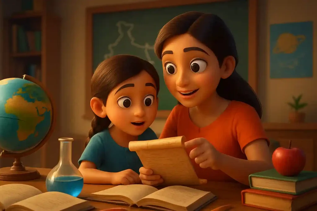 YouTube video thumbnail showing Moral Story for Kids – Teen Behnon Ne Prabhu Ki Kasauti Kaise Pass Ki in Hindi in 3D cartoon Pixar style illustration