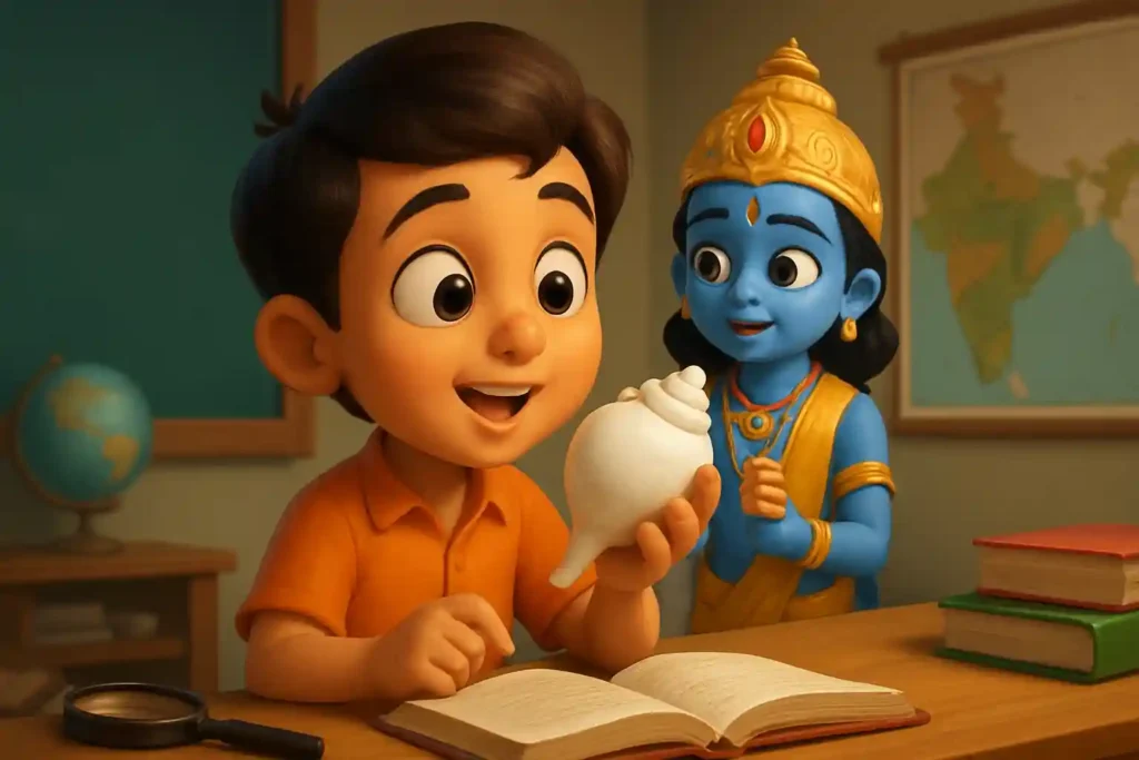 YouTube video thumbnail showing Ganesh Story for Kids – Bhagwan Vishnu Ka Shankh Kaise Luta in Hindi in 3D cartoon Pixar style illustration