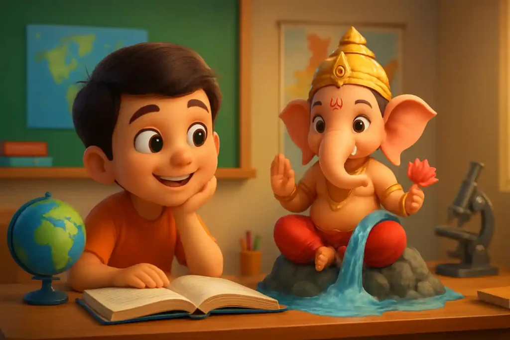 YouTube video thumbnail showing Moral Story for Kids – Kaveri Nadi Ka Janm Kaise Hua in Hindi in 3D cartoon Pixar style illustration